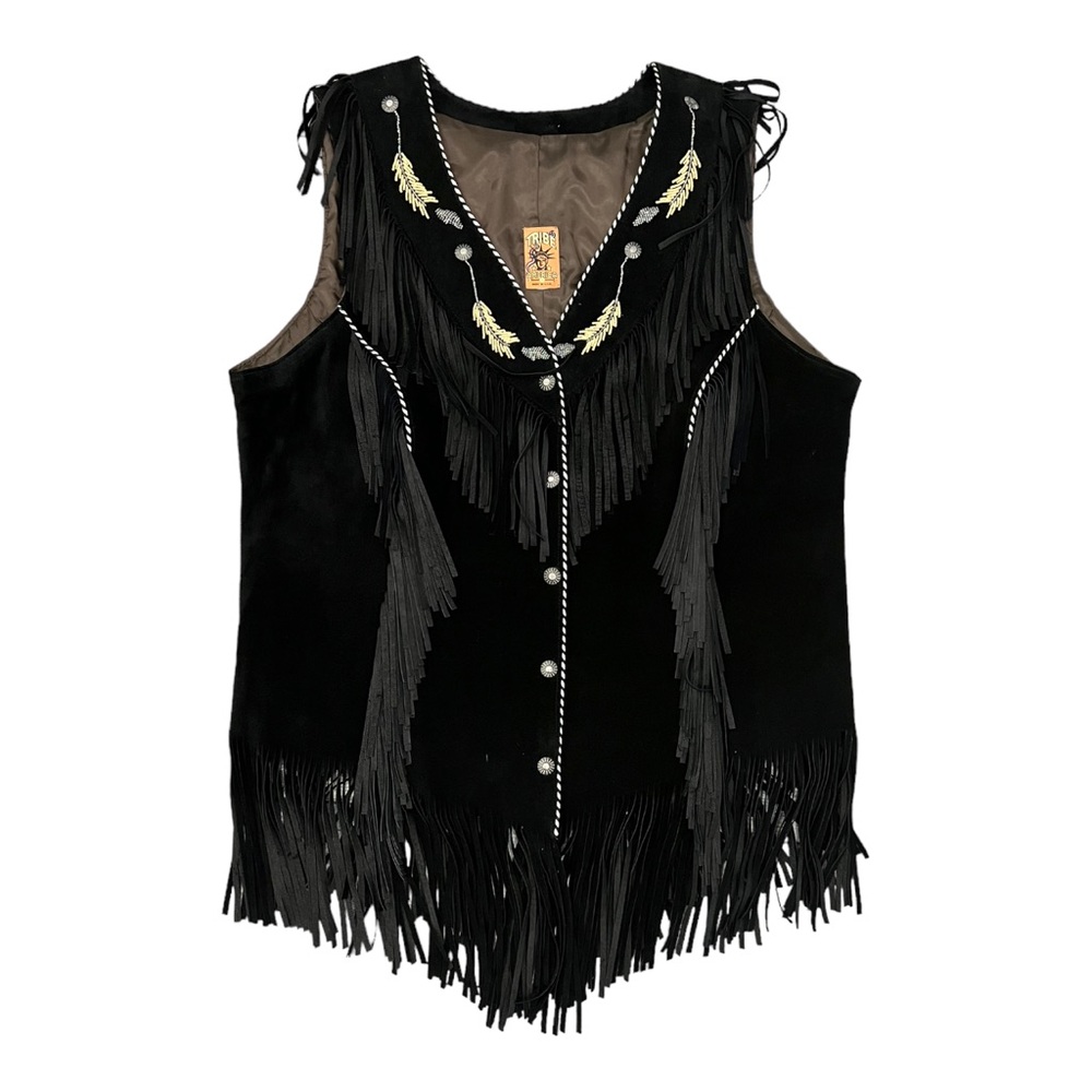 Tribe American Black Fringed Snap Front Handmade Leather Vest Beads Metal